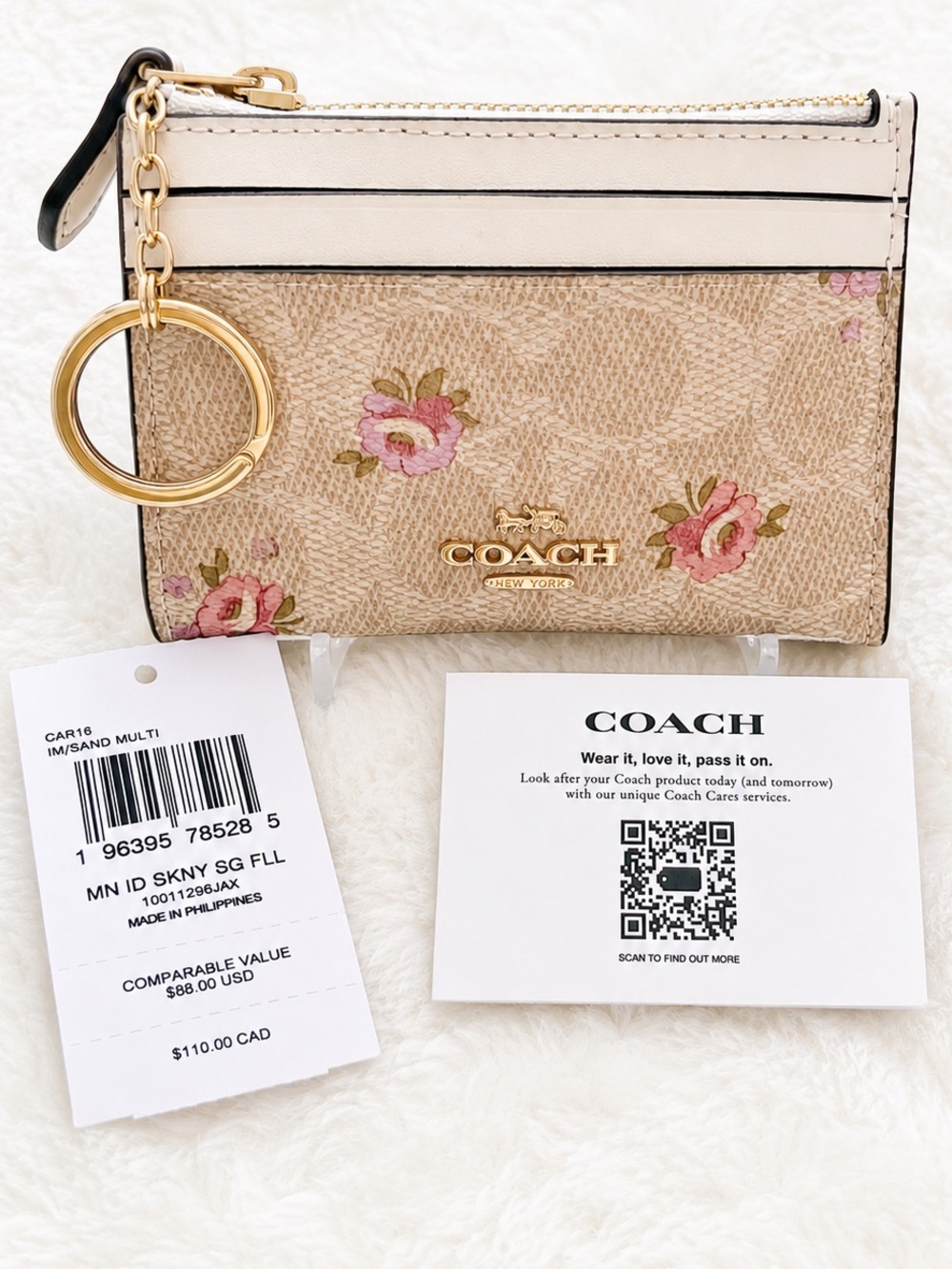Coach Pink & Beige Floral Zip Card Case with Keyring NWT